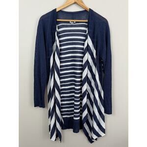 J. Jill Womens Linen Blend Open Front Waterfall Cardigan Sz M Navy White Stripe